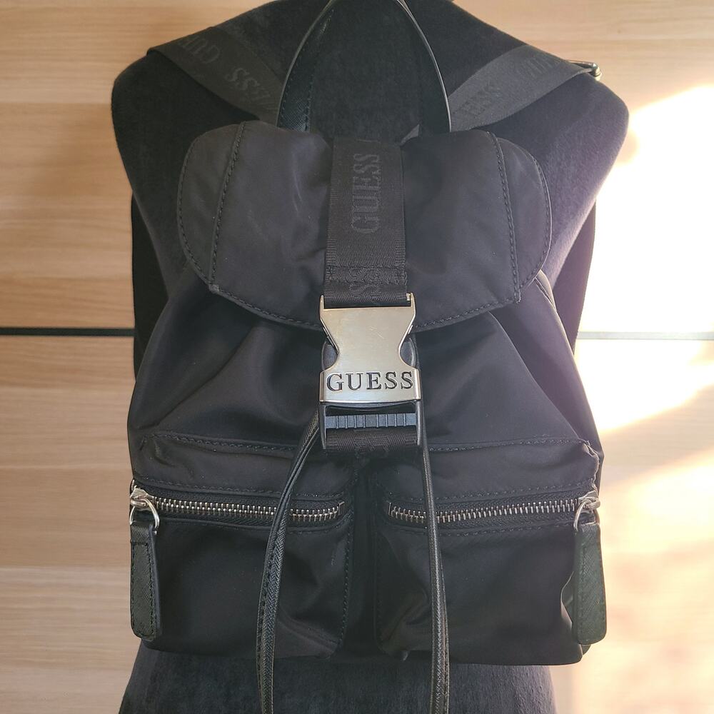 Guess Alpena Nylon Drawstring Satchel Flap Buckle Closure Mini Black Backpack